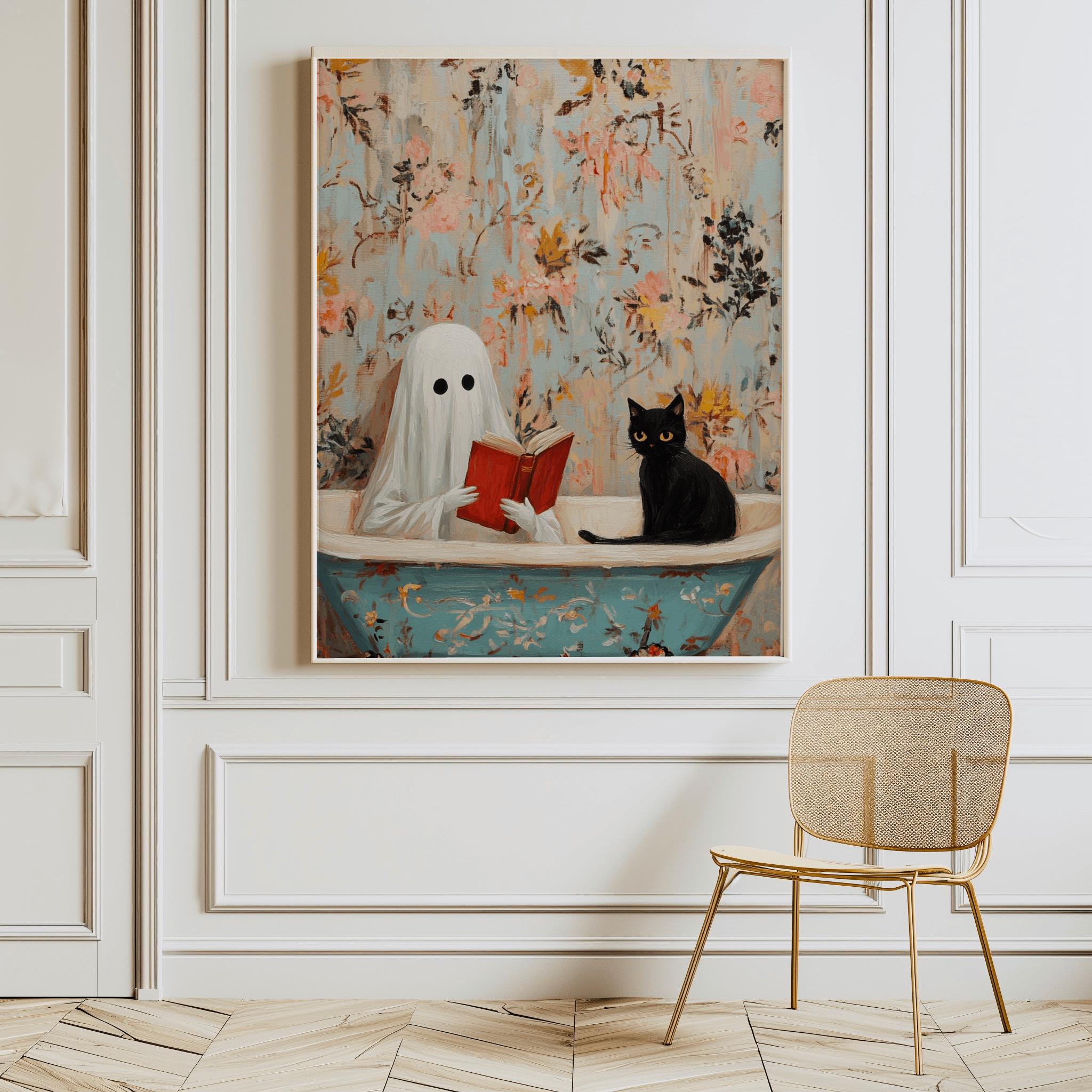 Ghost & Black Cat Bathtub Print – Cozy Spooky Wall Art (Digital Download)
