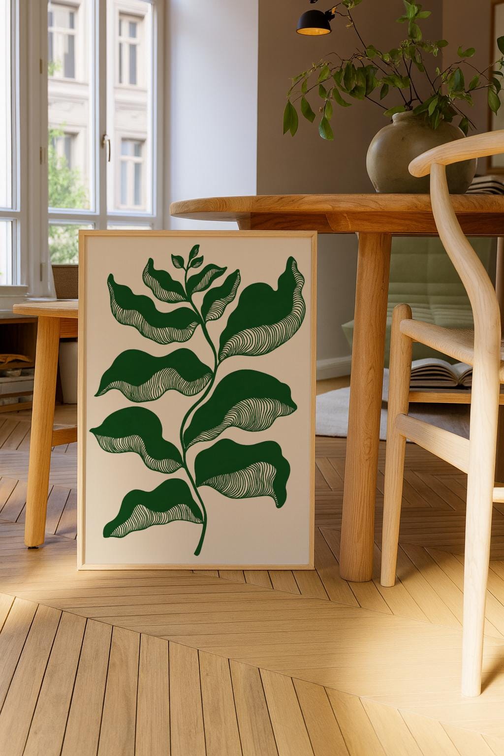 Sage Green Botanical Poster – Minimalist Japandi Leaf Wall Art (Digital Download)