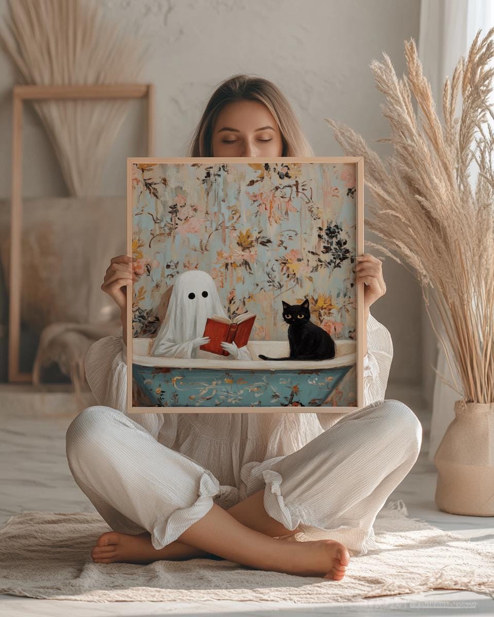 Ghost & Black Cat Bathtub Print – Cozy Spooky Wall Art (Digital Download)