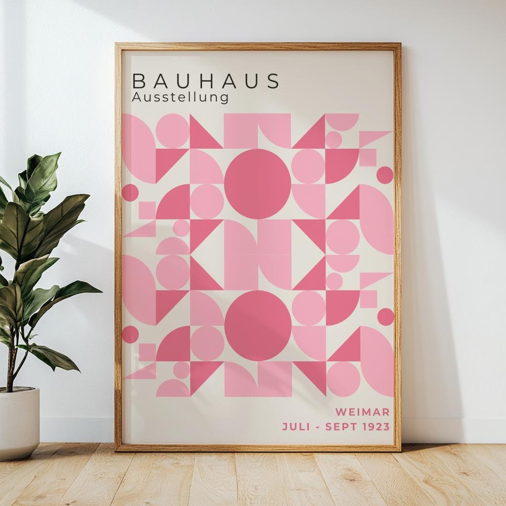 Pink Bauhaus Exhibition Poster – Mid-Century Geometric Wall Art (Digital Download)