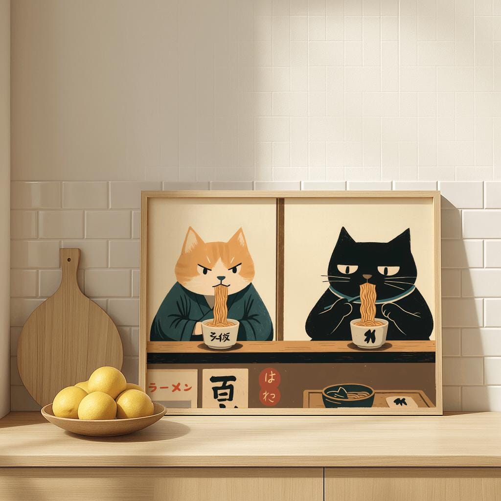 Retro Japanese Cat Ramen Print – Quirky Kitchen Wall Art (Digital Download)