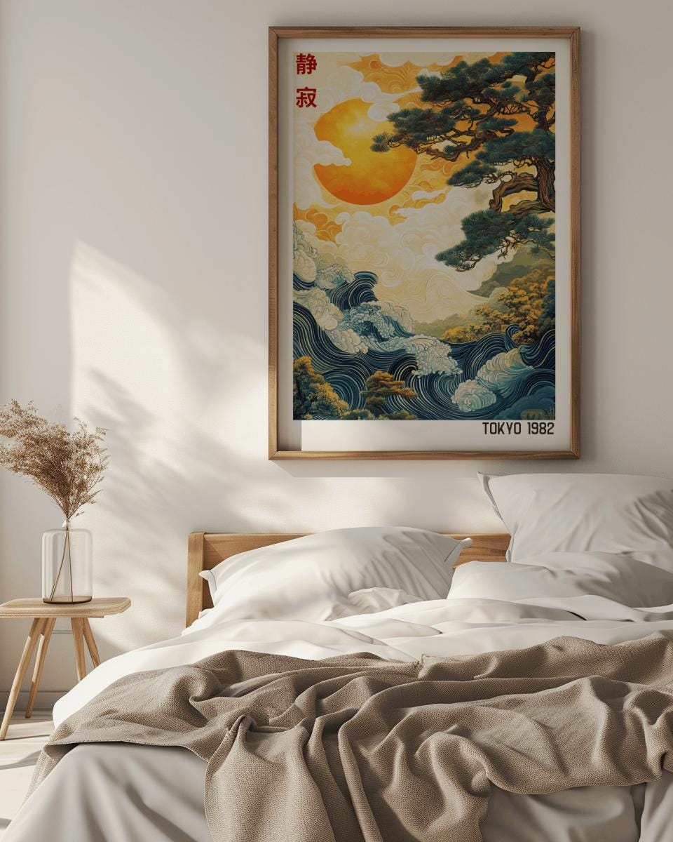 Japanese Abstract Landscape Print – Japandi Sun & Waves Wall Art (Digital Download)