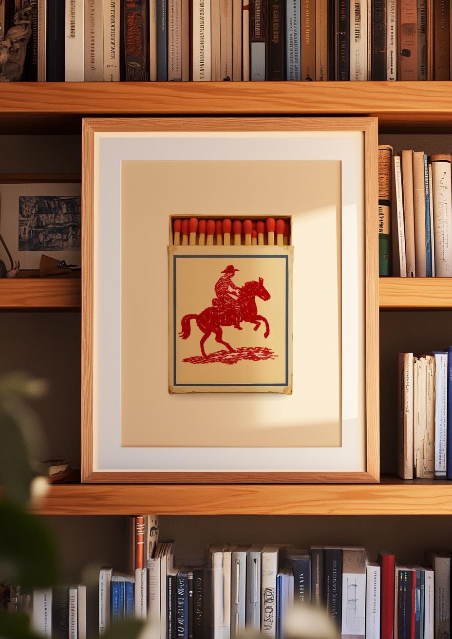Cowboy Matchbook Poster – Red Rider on Horse, Cobalt Blue Border, Digital Download