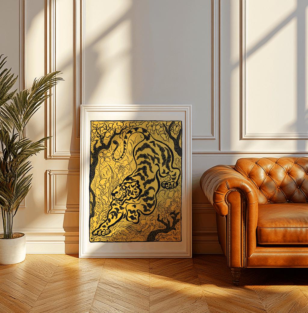 Japanese Tiger Art Print – Minimalist Ink Style Oriental Poster (Digital Download)