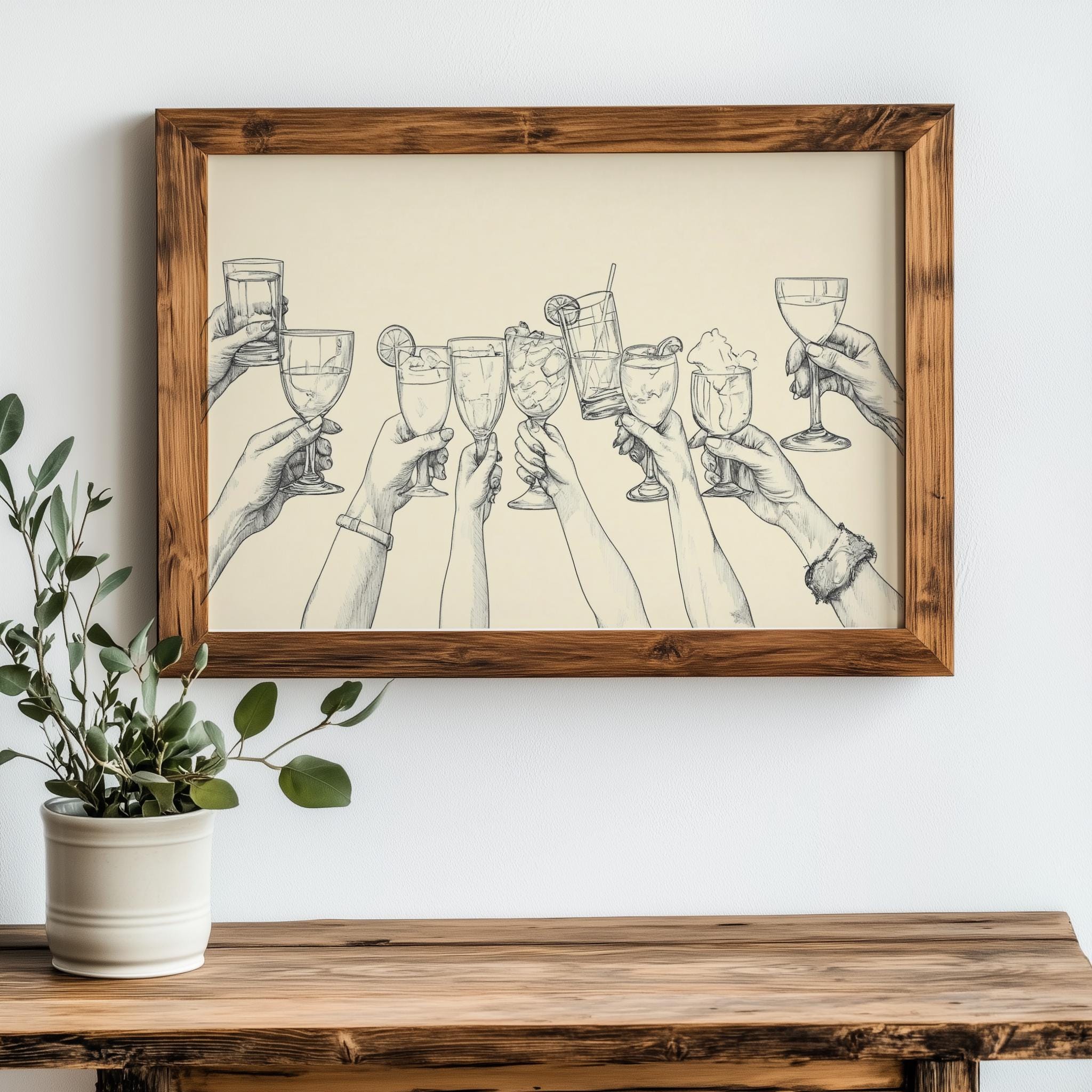 Cheers Line Art Bar Cart Poster – Minimal Cocktail Glasses Print (Digital Download)