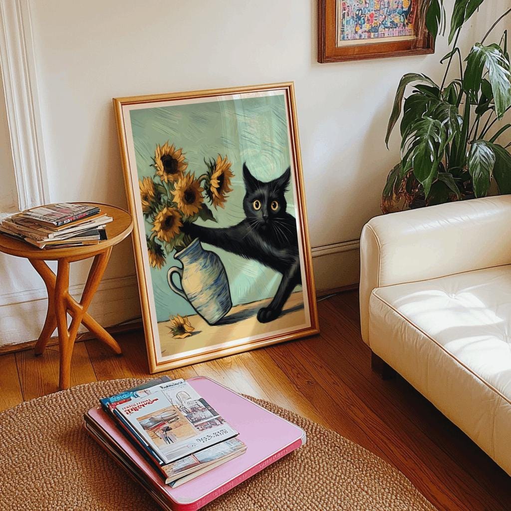 Van Gogh Cat Art Print – Funny Black Cat & Sunflowers Poster (Digital Download)