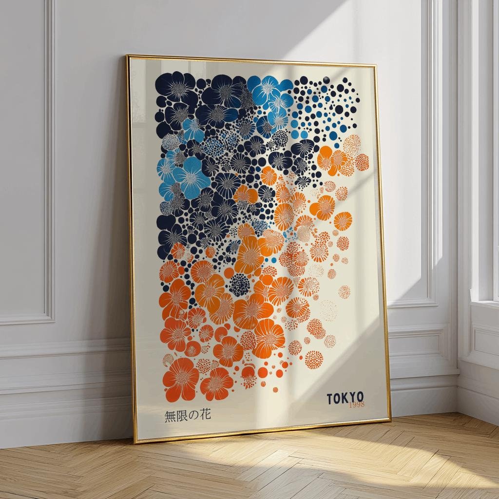 Japanese Floral Poster – Blue & Orange Abstract Tokyo Art (Digital Download)