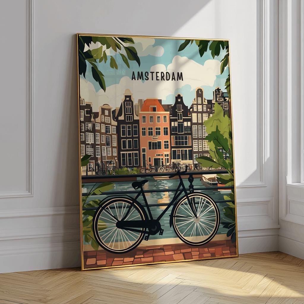 Amsterdam Travel Art Print – Netherlands Canal & Bicycle Poster (Digital Download)