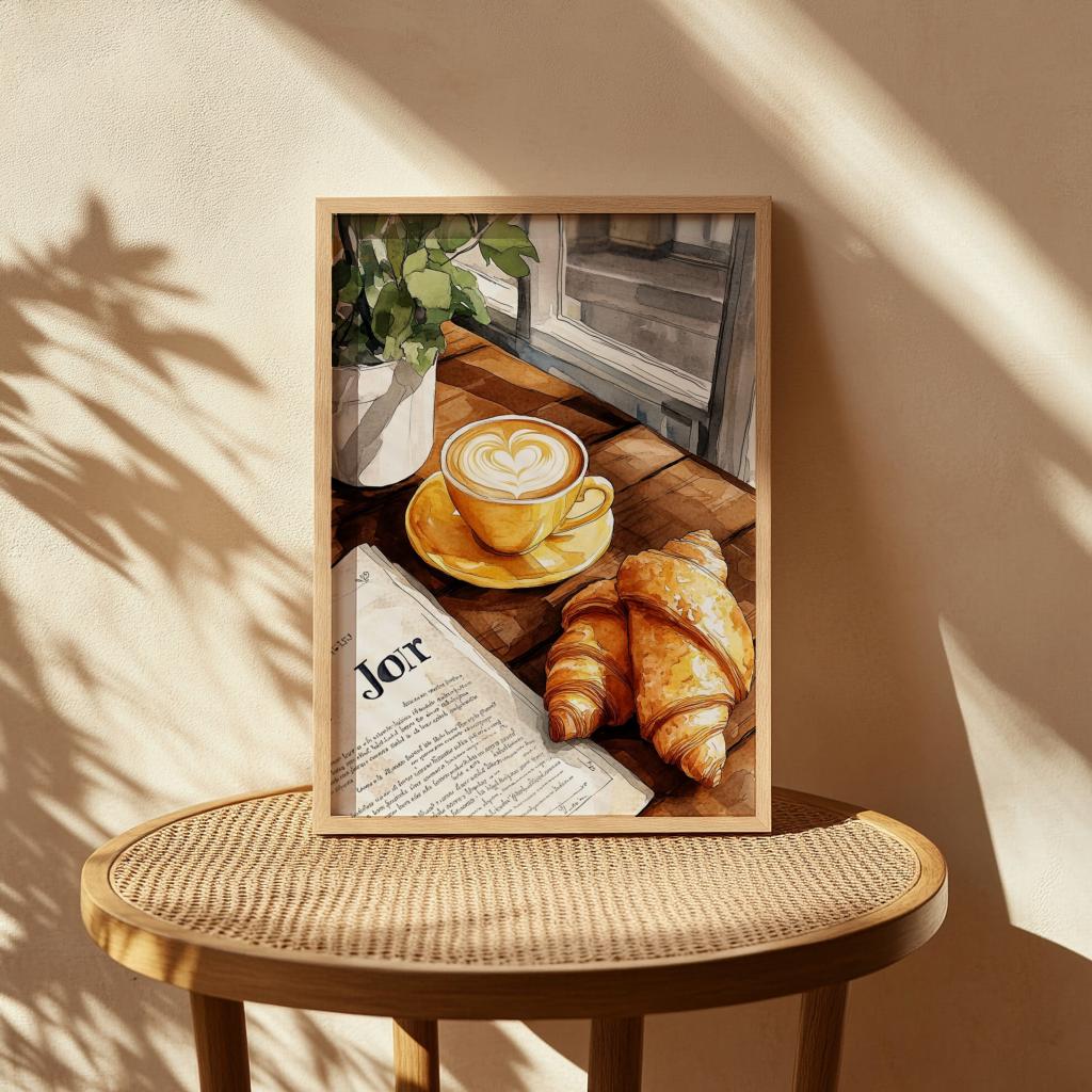 French Café Croissant Art Print – Coffee Bar Kitchen Wall Decor (Digital Download)