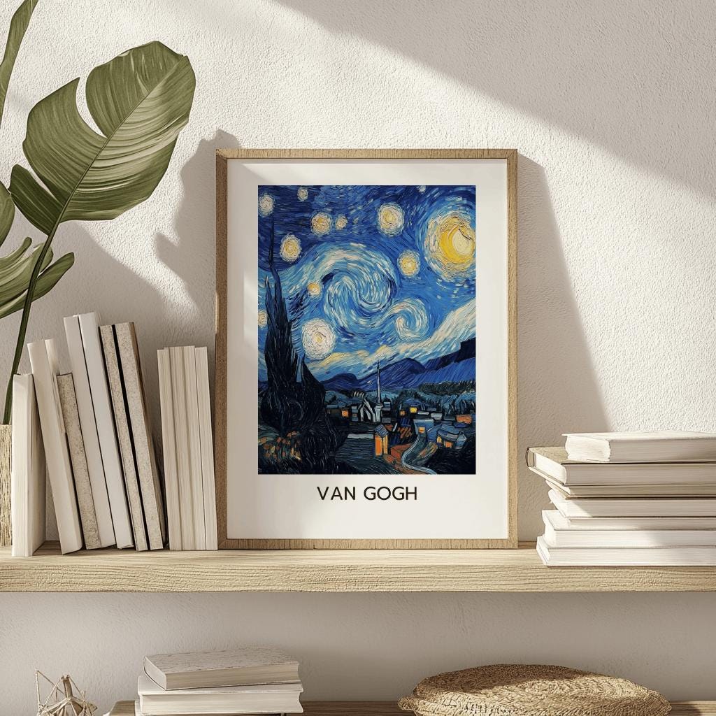 Starry Night Inspired Print – Van Gogh Style Wall Art, Blue Night Landscape (Digital Download)