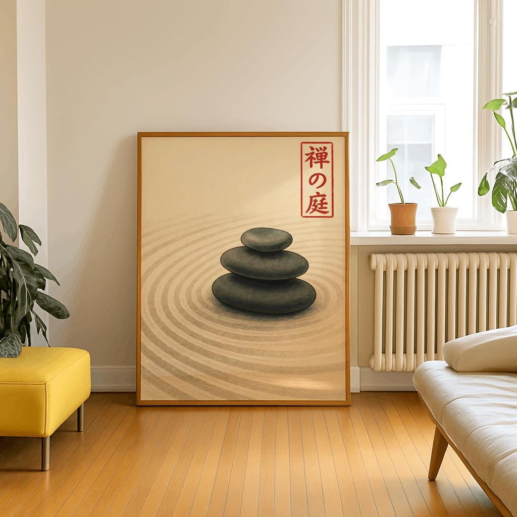 Beige Japandi Zen Stones Poster – Minimal Meditation Wall Art (Digital Download)