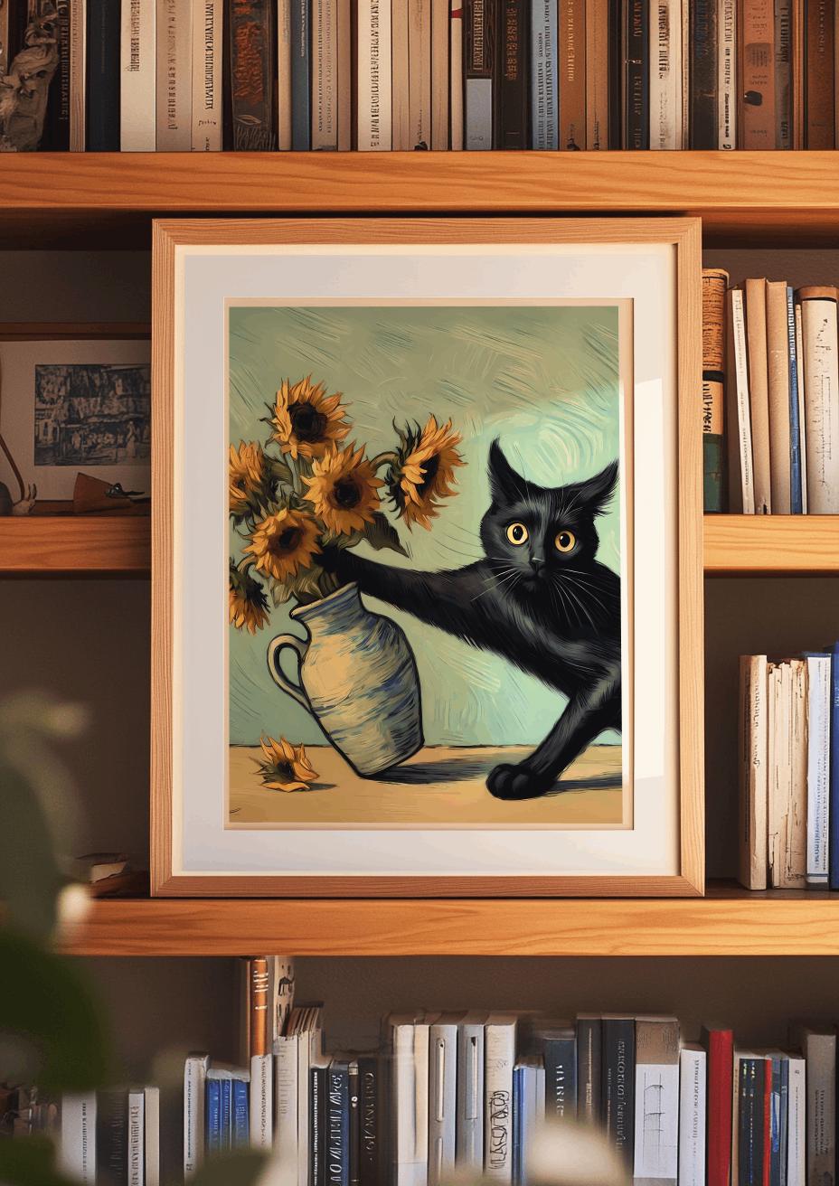 Van Gogh Cat Art Print – Funny Black Cat & Sunflowers Poster (Digital Download)