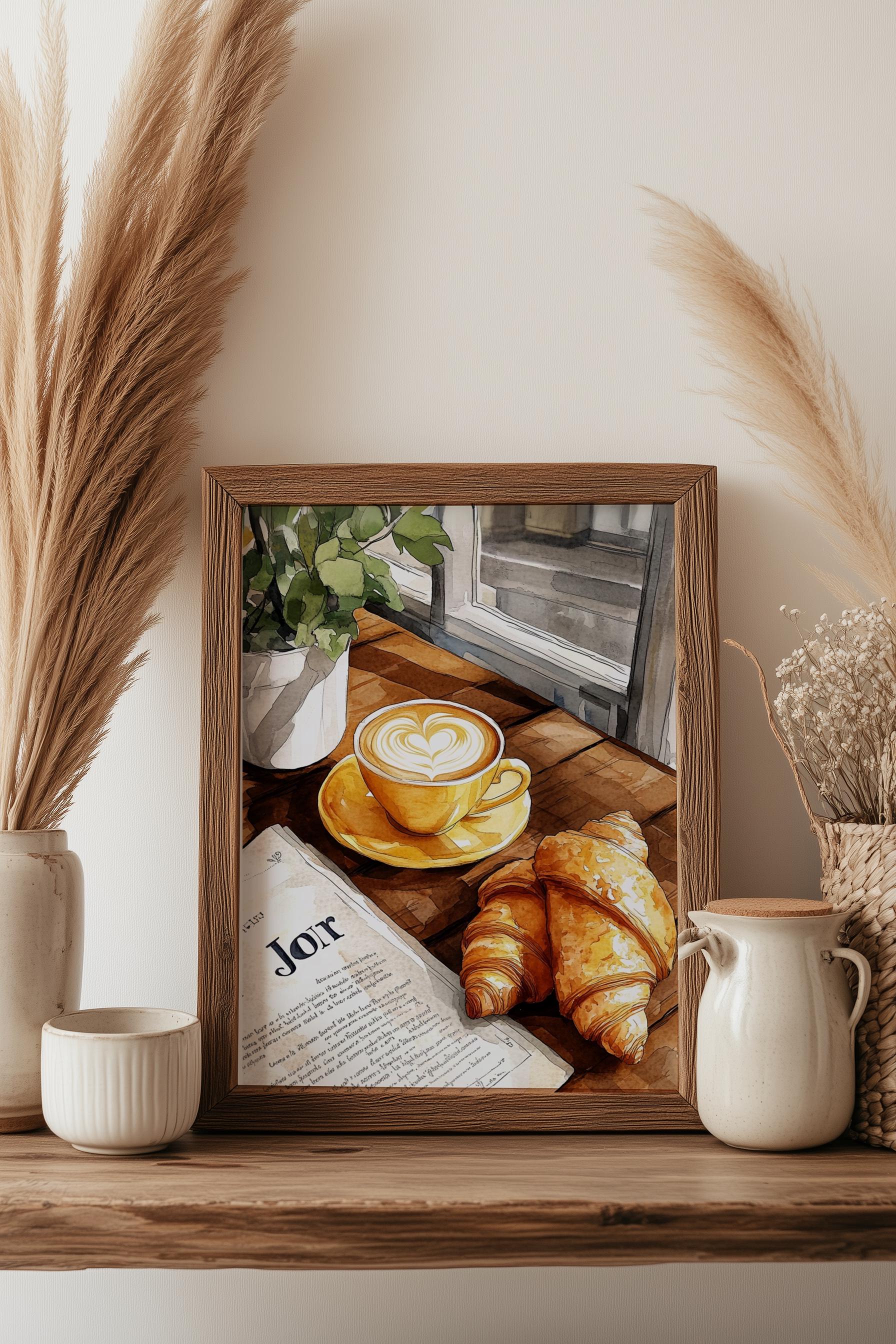 French Café Croissant Art Print – Coffee Bar Kitchen Wall Decor (Digital Download)