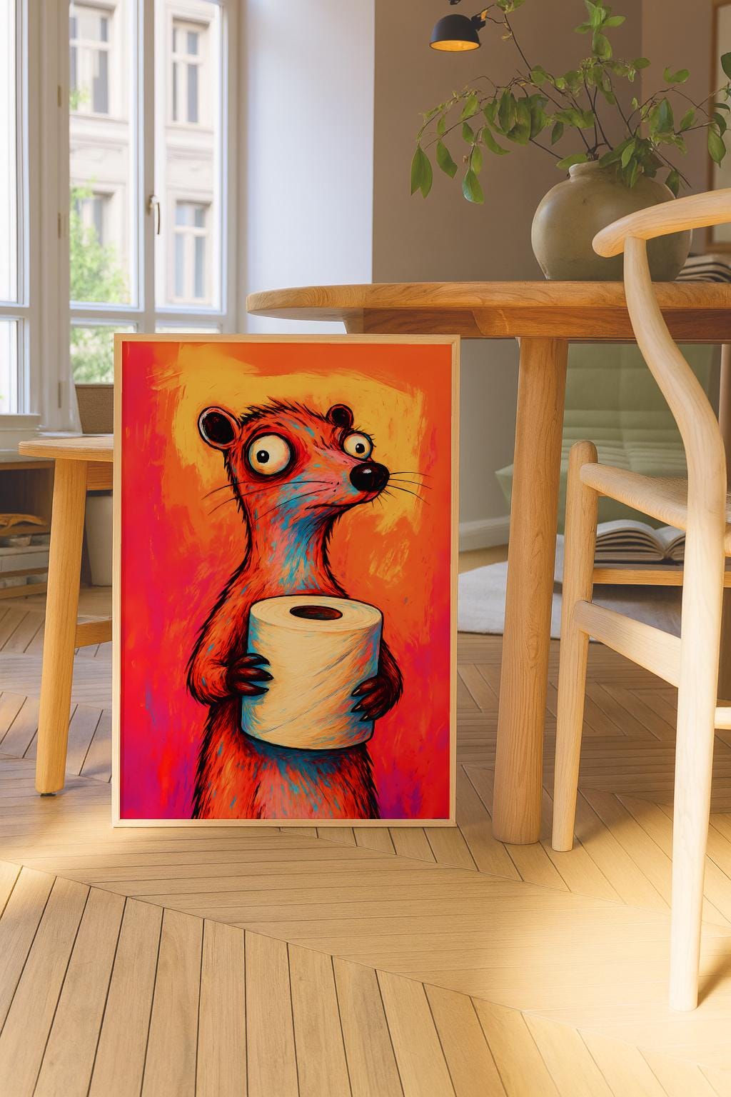 Funny Bathroom Animal Poster – Colorful Toilet Paper Wall Art (Digital Download)