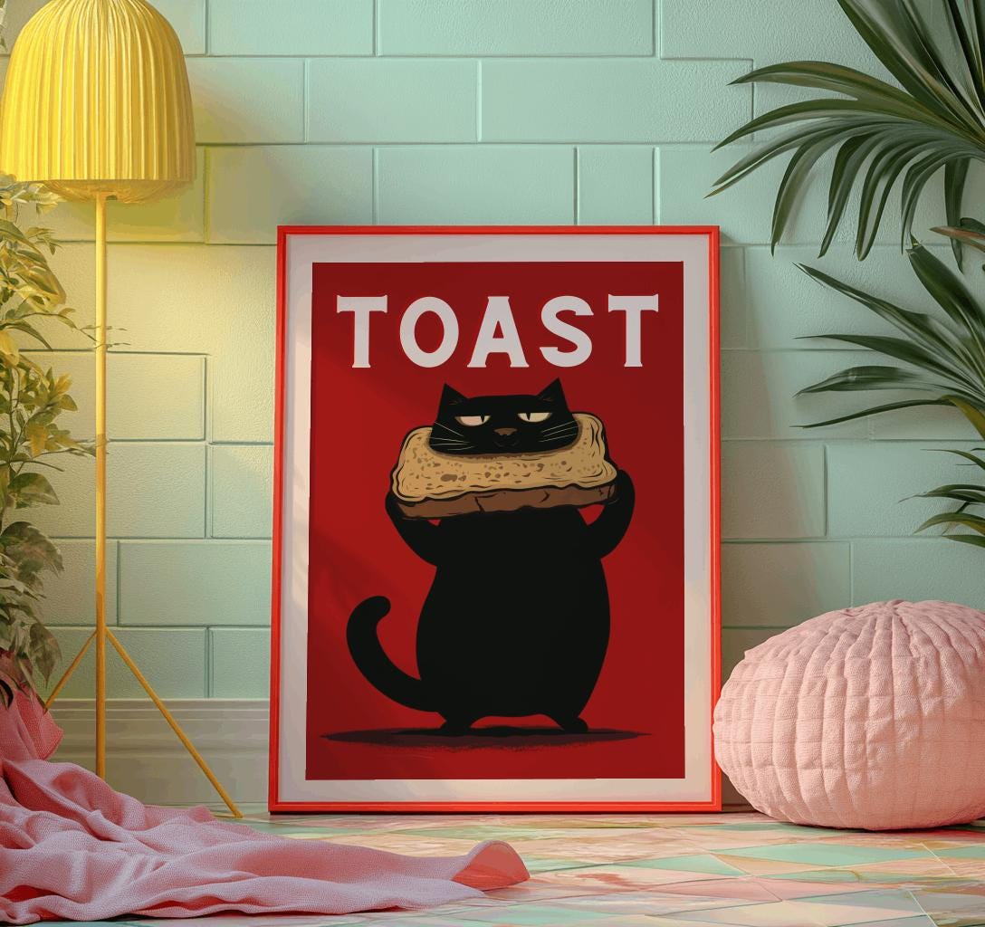 Black Cat Bread Poster – Cute Kawaii Toast Art Print for Cat Lovers (Digital Download)