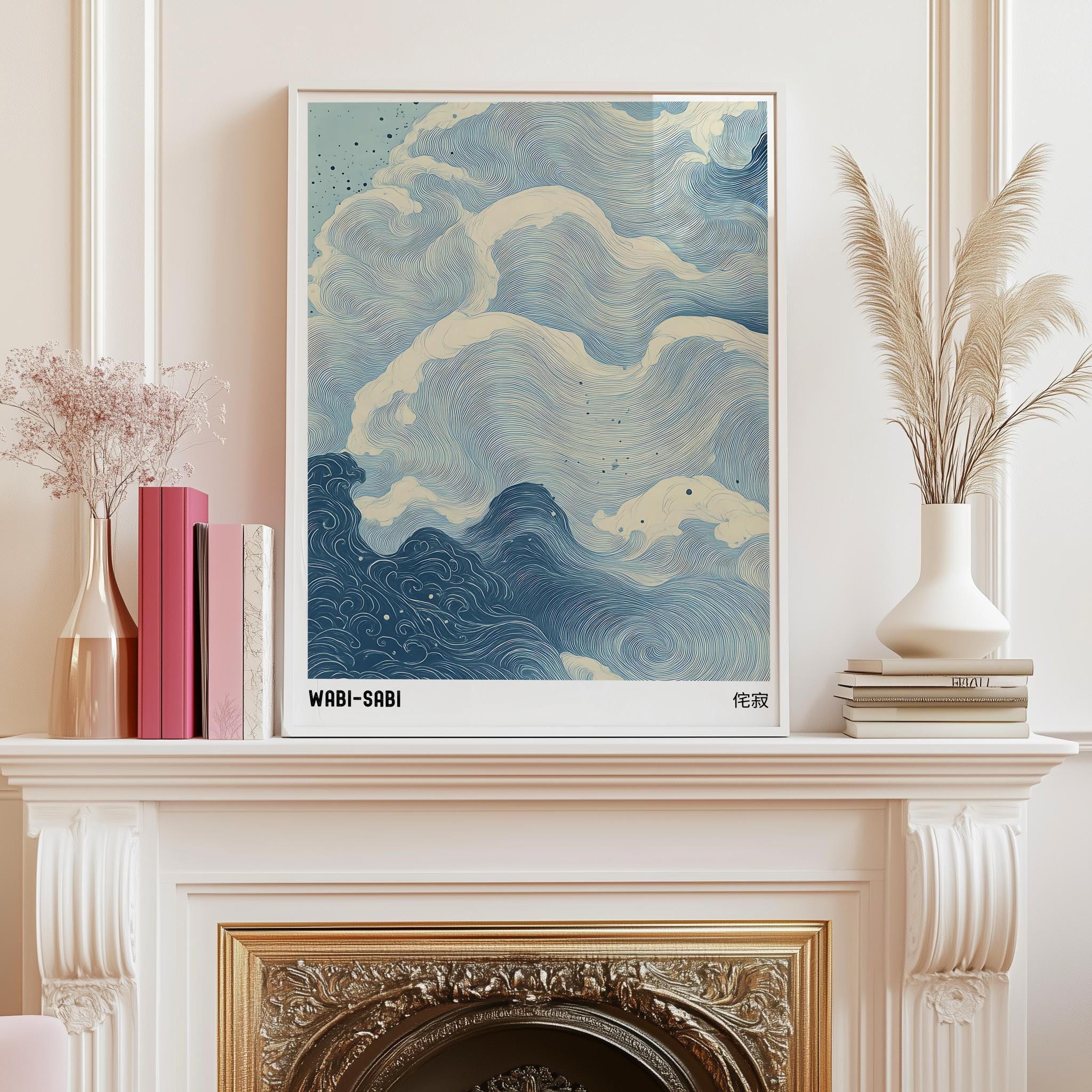 Blue Waves Japandi Art Print – Wabi Sabi Japanese Wall Poster (Digital Download)