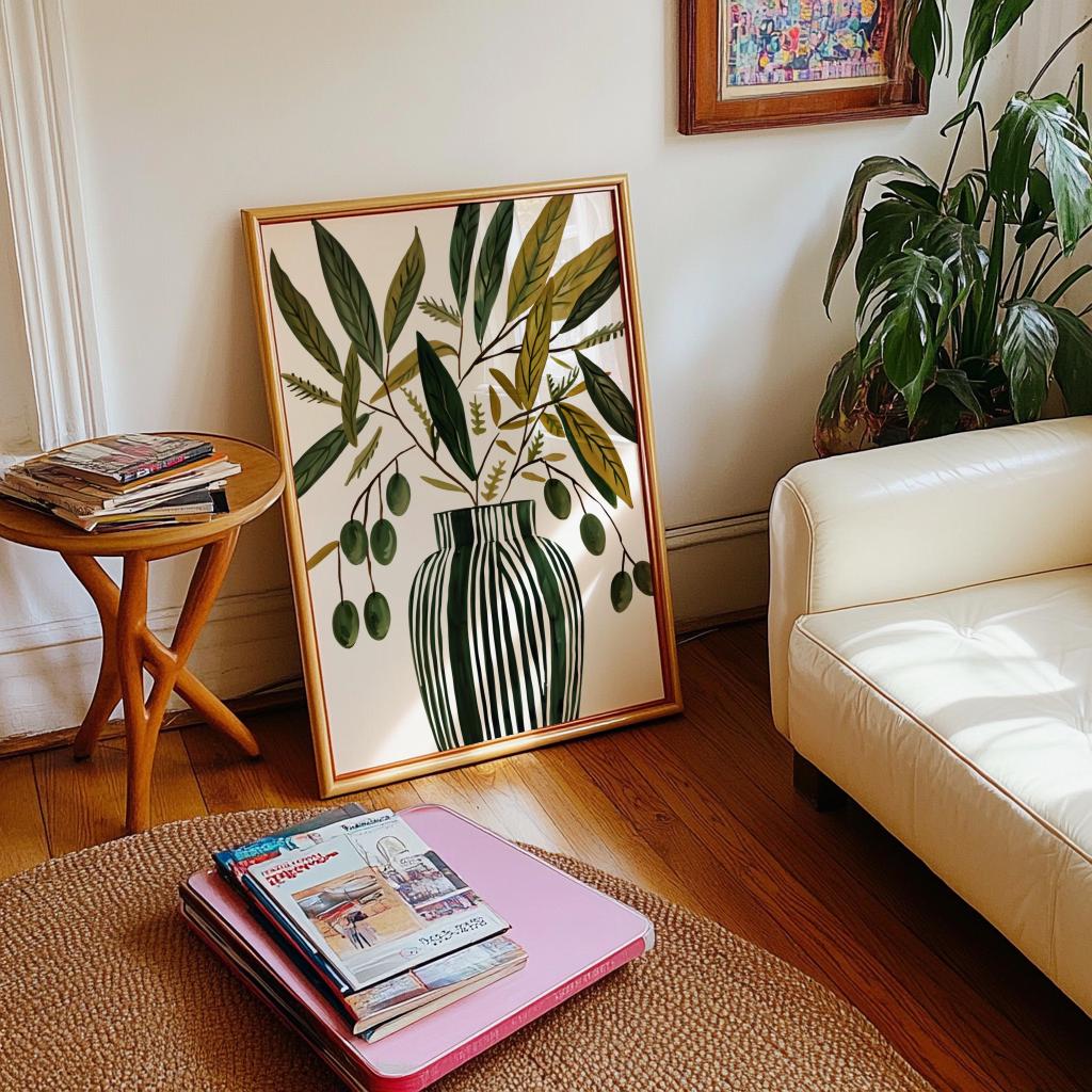 Scandinavian Olive Vase Art Print – Minimal Botanical Still Life Poster (Digital Download)