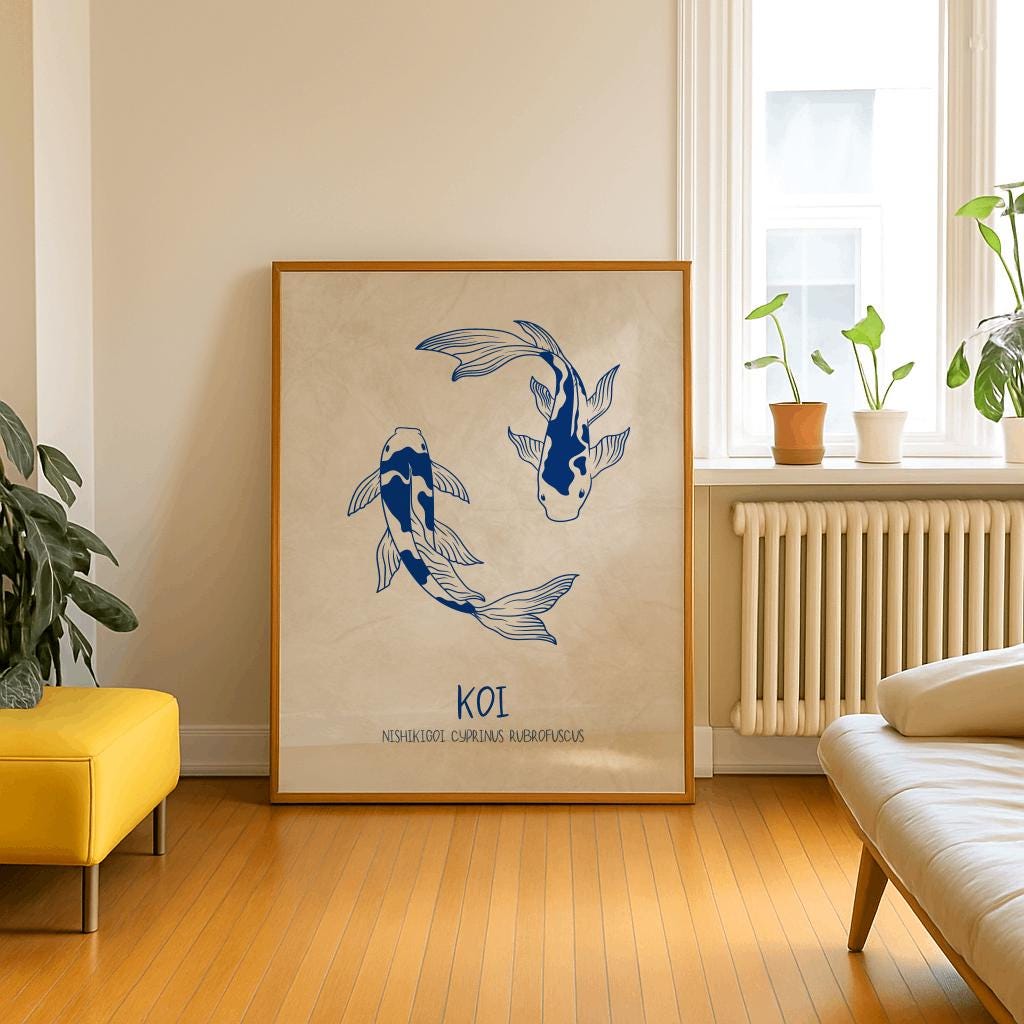 Japanese Koi Fish Art Print – Minimalist Blue Zen Wall Decor (Digital Download)
