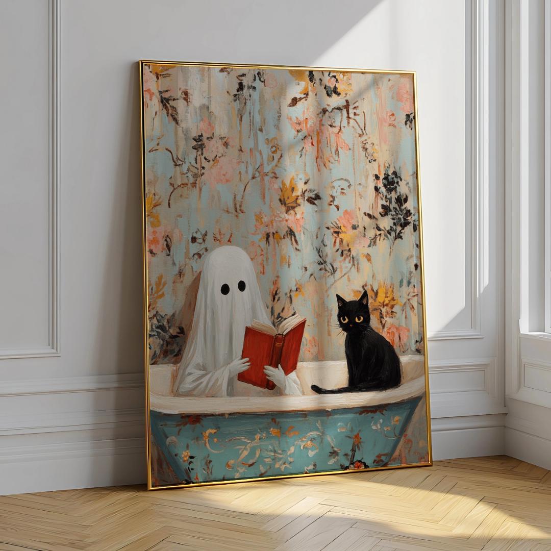 Ghost & Black Cat Bathtub Print – Cozy Spooky Wall Art (Digital Download)