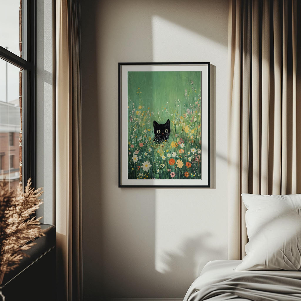 Black Cat in Flower Meadow – Whimsical Garden Art Print (Digital Download)