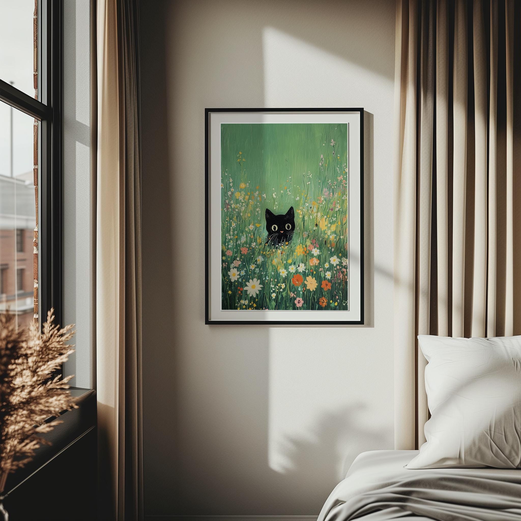 Black Cat in Flower Meadow – Whimsical Garden Art Print (Digital Download)