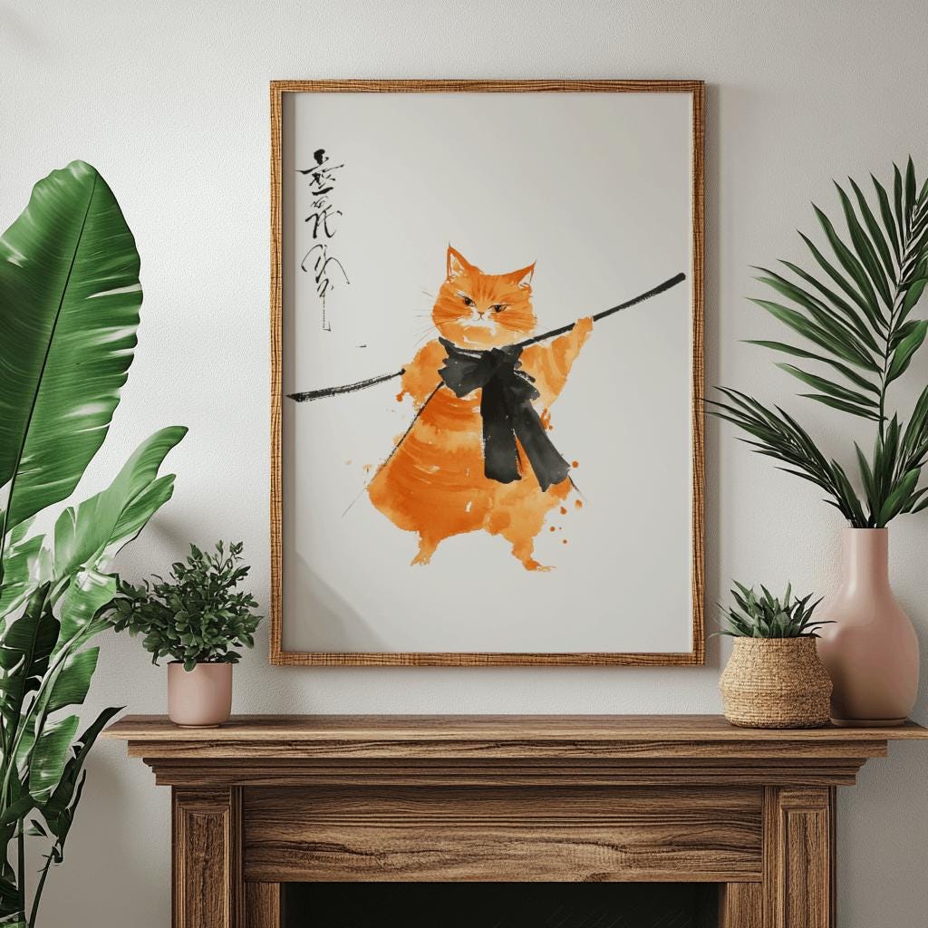 Japanese Samurai Cat Poster – Orange Watercolor Sumi-e Art Print (Digital Download)