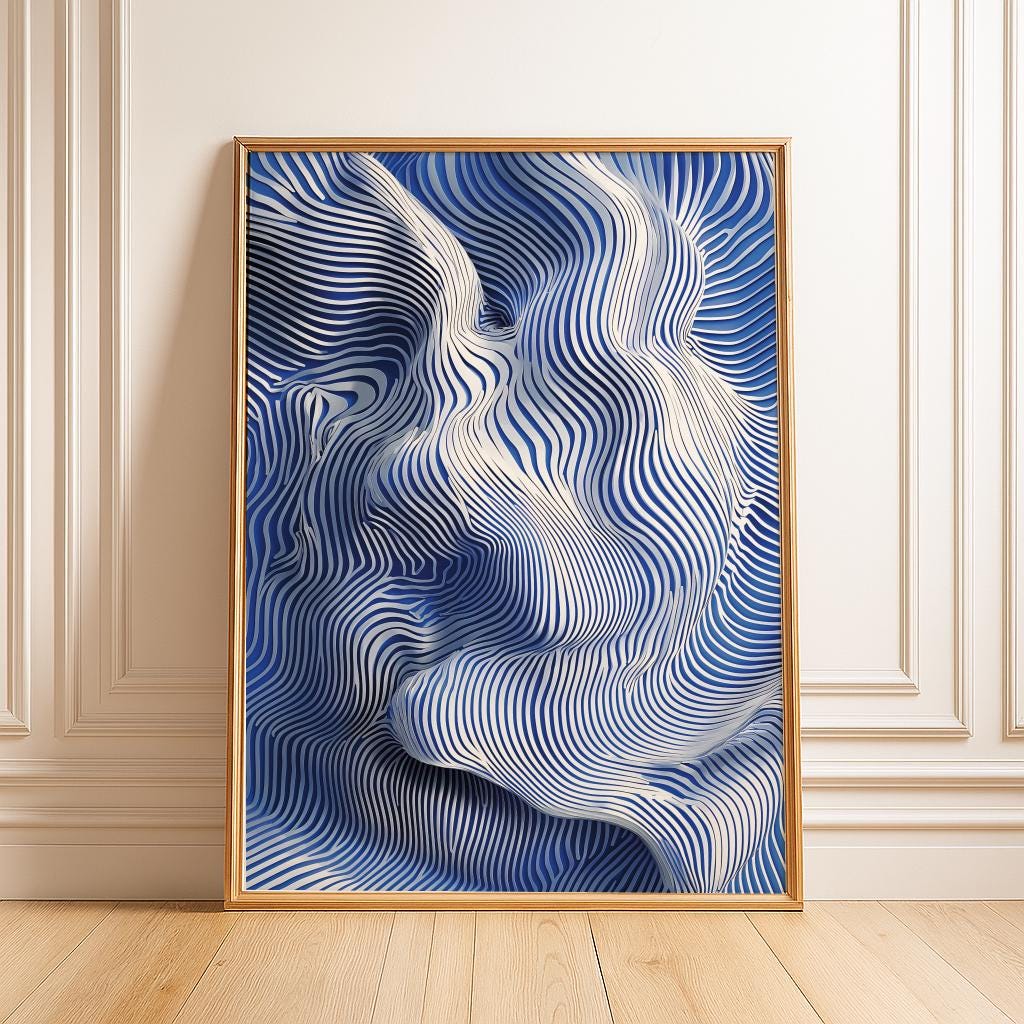 Navy Blue Abstract Line Art Print – Minimalist Fluid Pattern Wall Art (Digital Download)