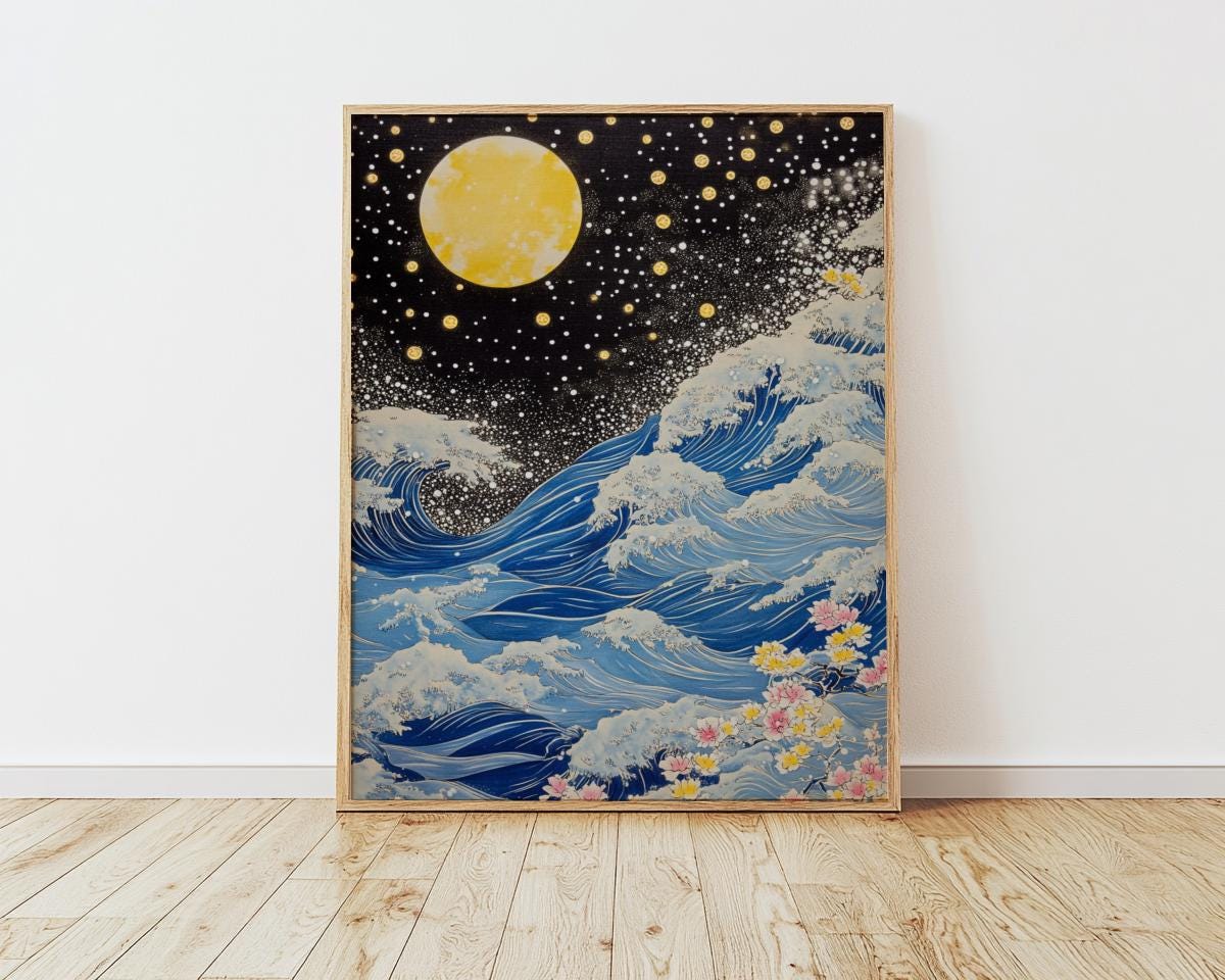 Blue Waves Japandi Wall Art Print, Navy Blue and Gold Japanese Poster (Digital Download)