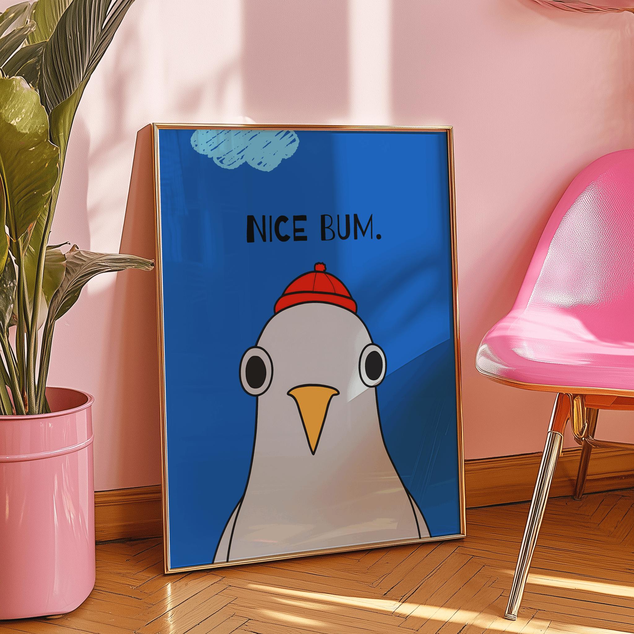 Nice Bum Seagull Poster – Funny Bathroom Wall Art, Blue Bird Print, Modern Typography Decor (Digital Download)