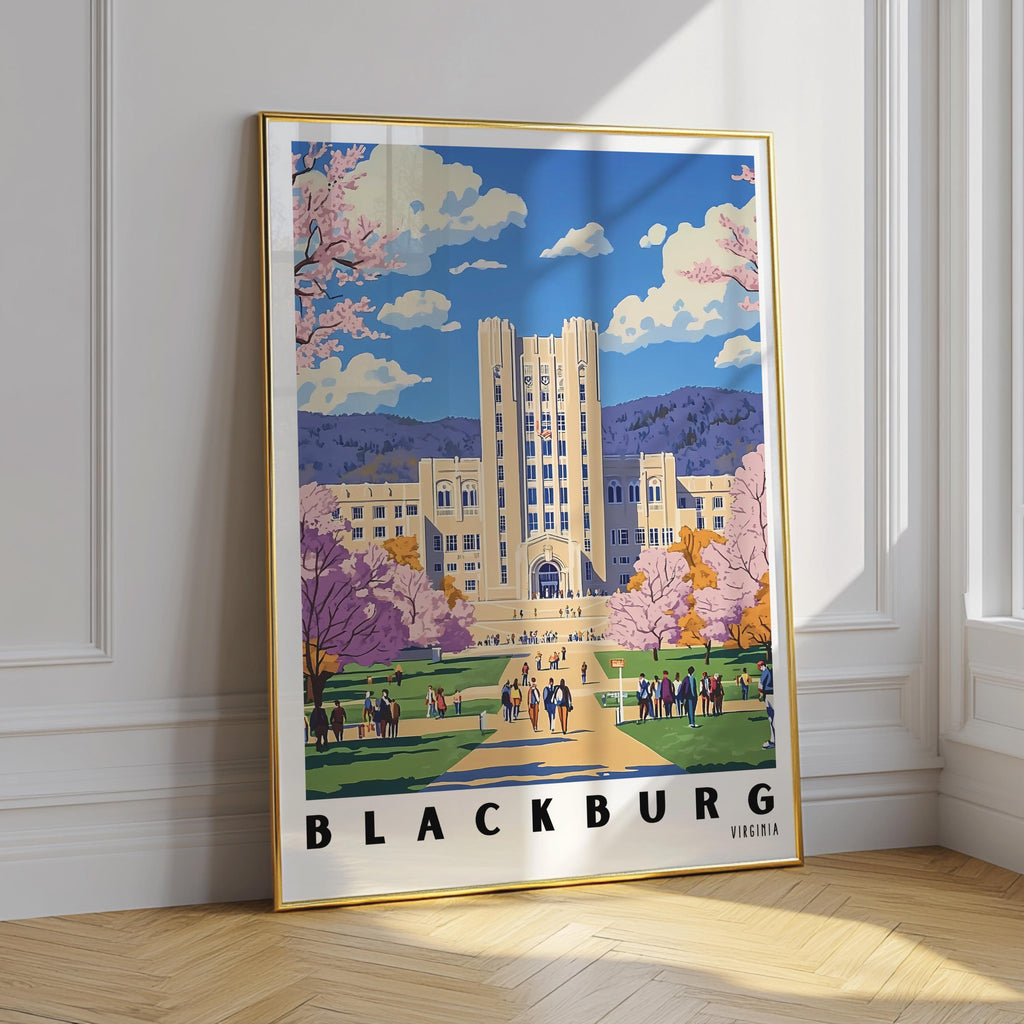 Virginia Tech Campus Art Print – Blacksburg Virginia Travel Poster (Digital Download)