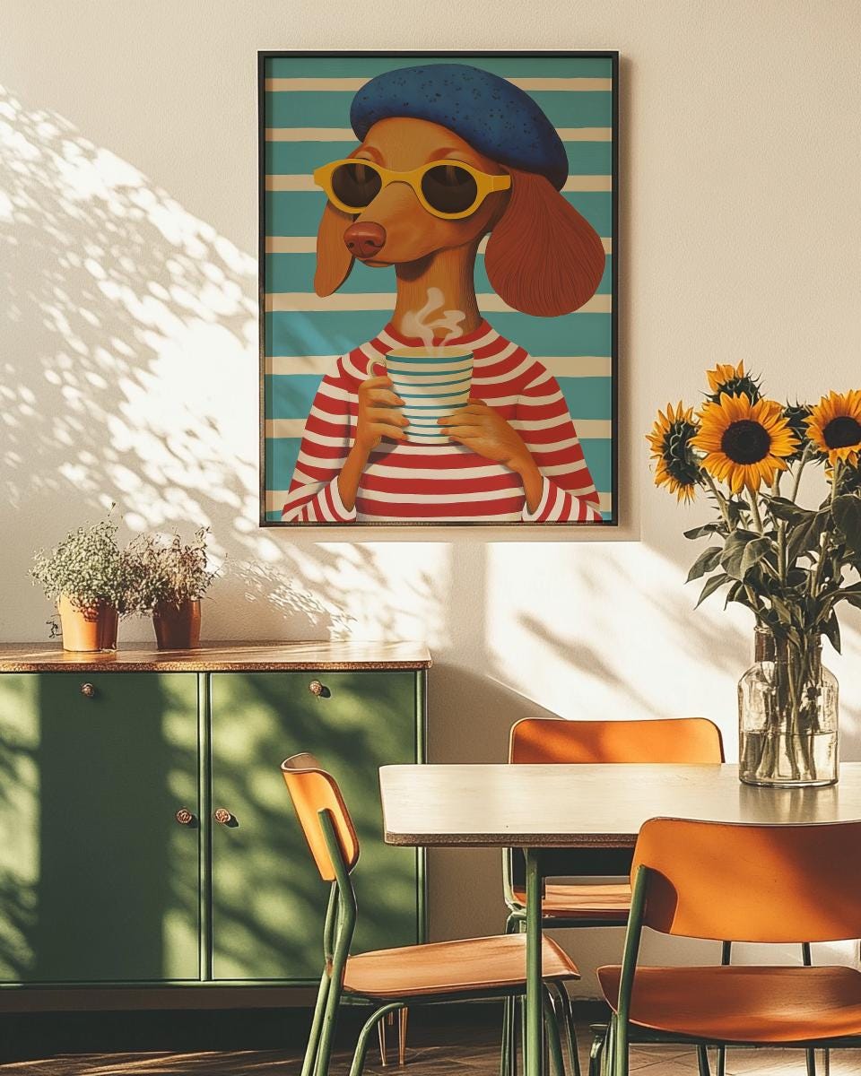 Coffee Lover Dog Art Print – Whimsical Mid-Century Wall Art (Digital Download)