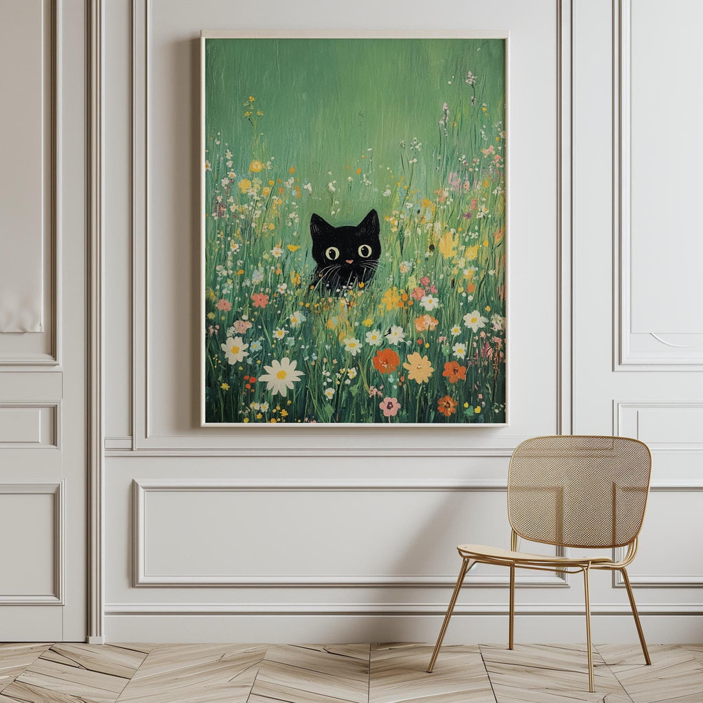 Black Cat in Flower Meadow – Whimsical Garden Art Print (Digital Download)