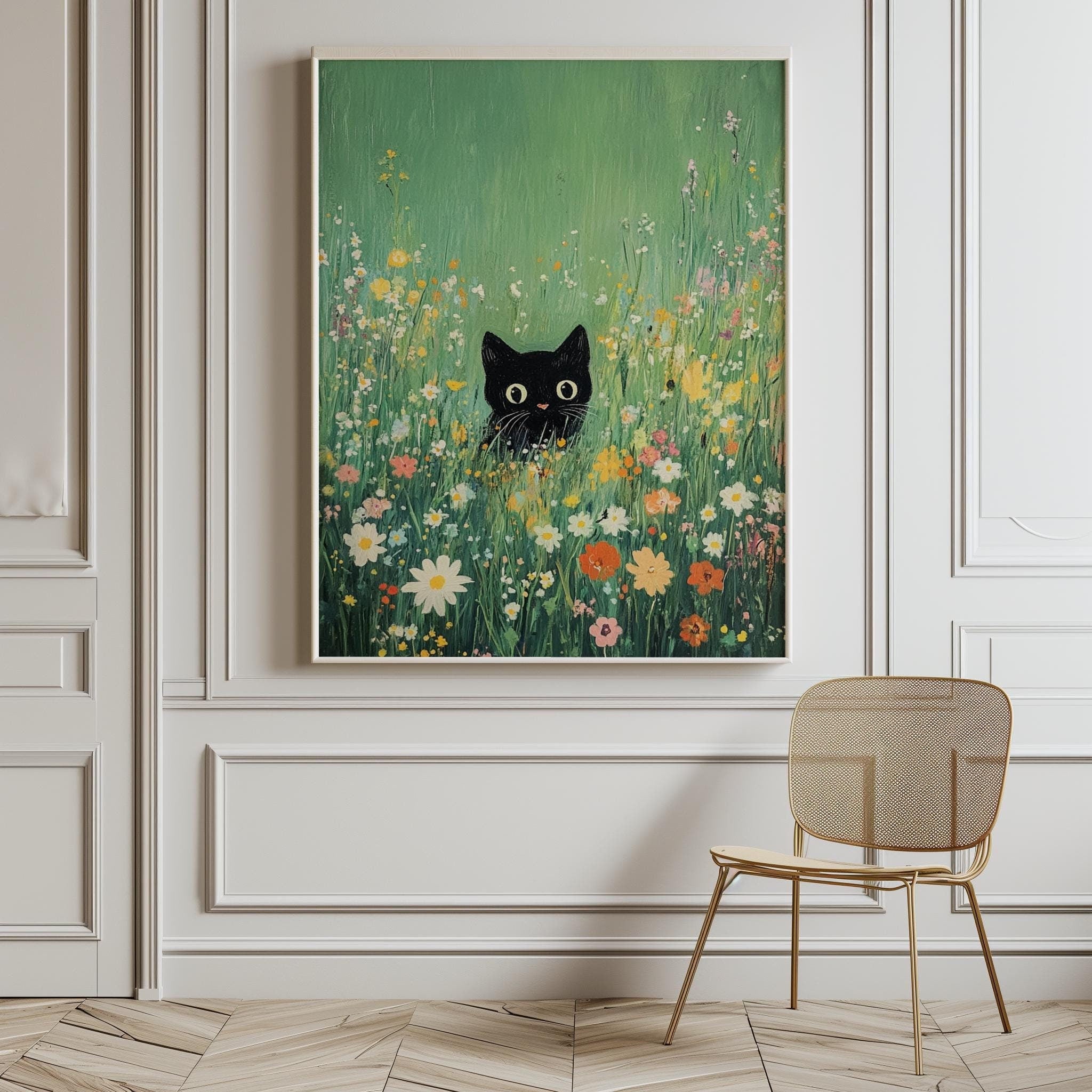 Black Cat in Flower Meadow – Whimsical Garden Art Print (Digital Download)