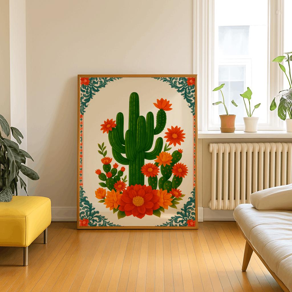 Cactus Folk Art Poster – Southwestern Floral Desert Print (Digital Download)