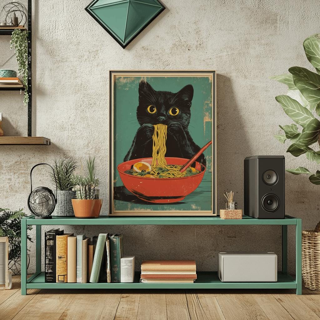 Cat Ramen Poster – Retro Japanese Kitchen Art Print | Digital Download
