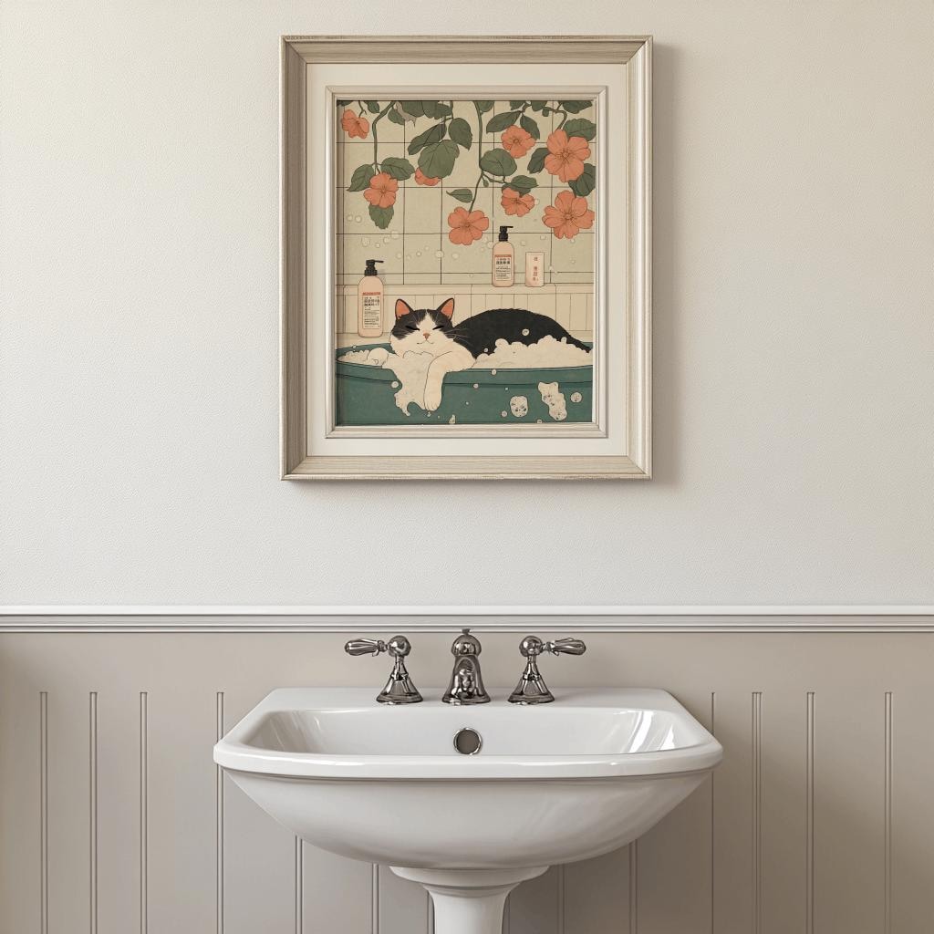 Black Cat in Bathtub Poster – Japanese Minimalist Bathroom Wall Art, Cute Retro Cat Print, Digital Download