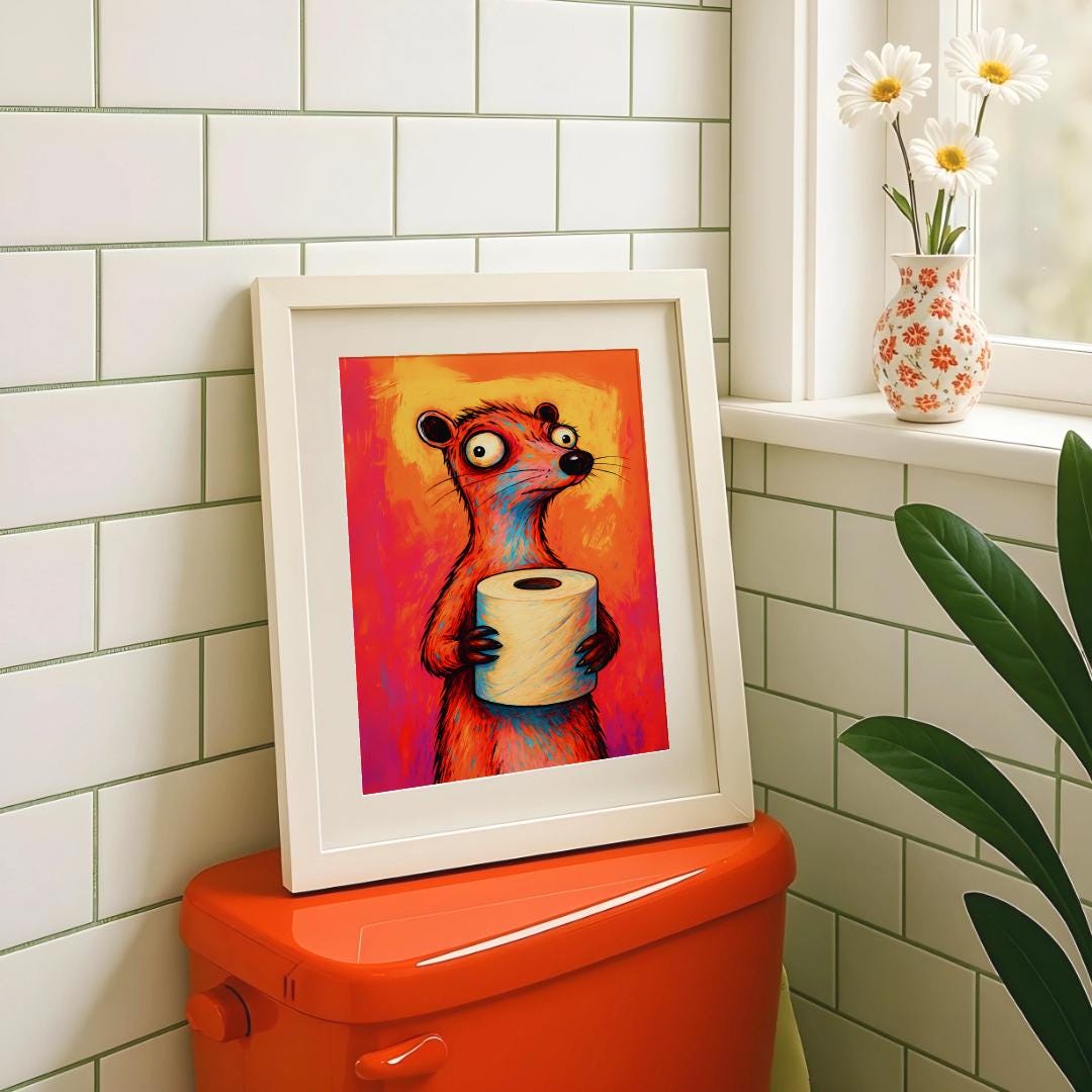 Funny Bathroom Animal Poster – Colorful Toilet Paper Wall Art (Digital Download)