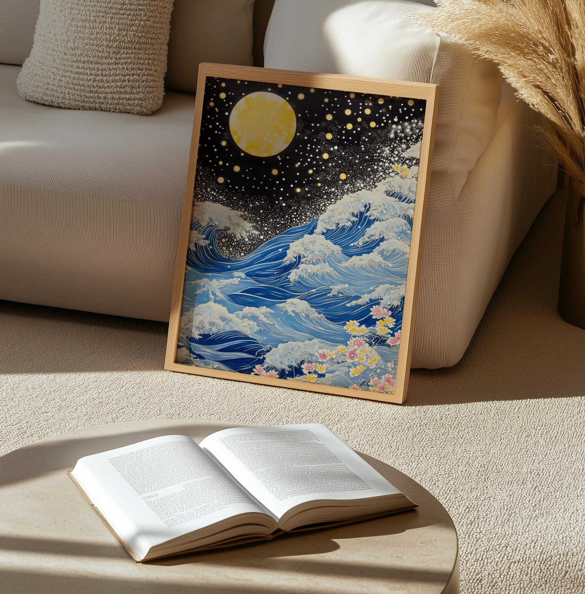 Blue Waves Japandi Wall Art Print, Navy Blue and Gold Japanese Poster (Digital Download)