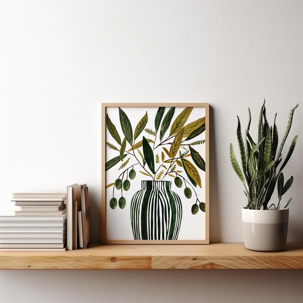 Scandinavian Olive Vase Art Print – Minimal Botanical Still Life Poster (Digital Download)