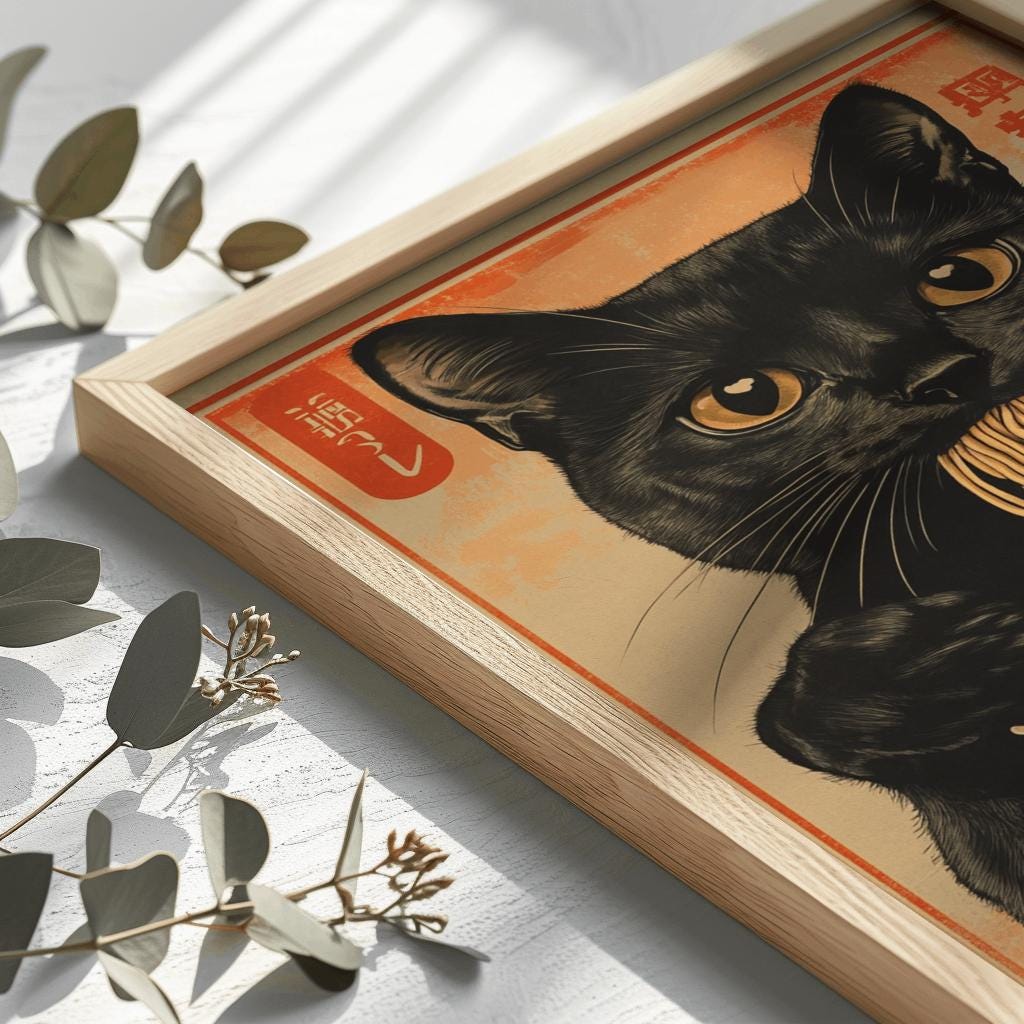 Black Cat Ramen Poster: Japanese Kitchen Art (Digital Download, 20x28 Inches)