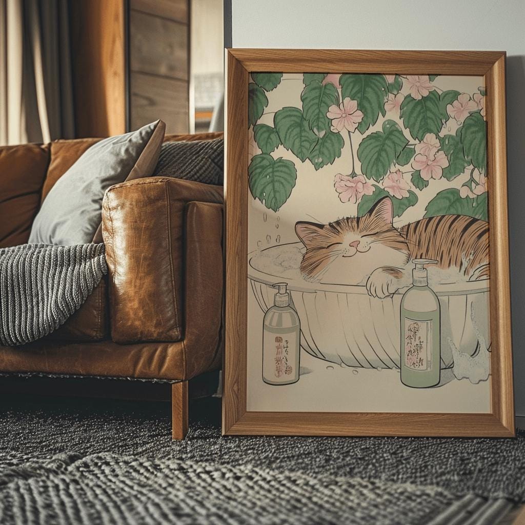 Japanese Cat Bath Poster – Cute Tabby in Bathtub Art Print | Digital Download