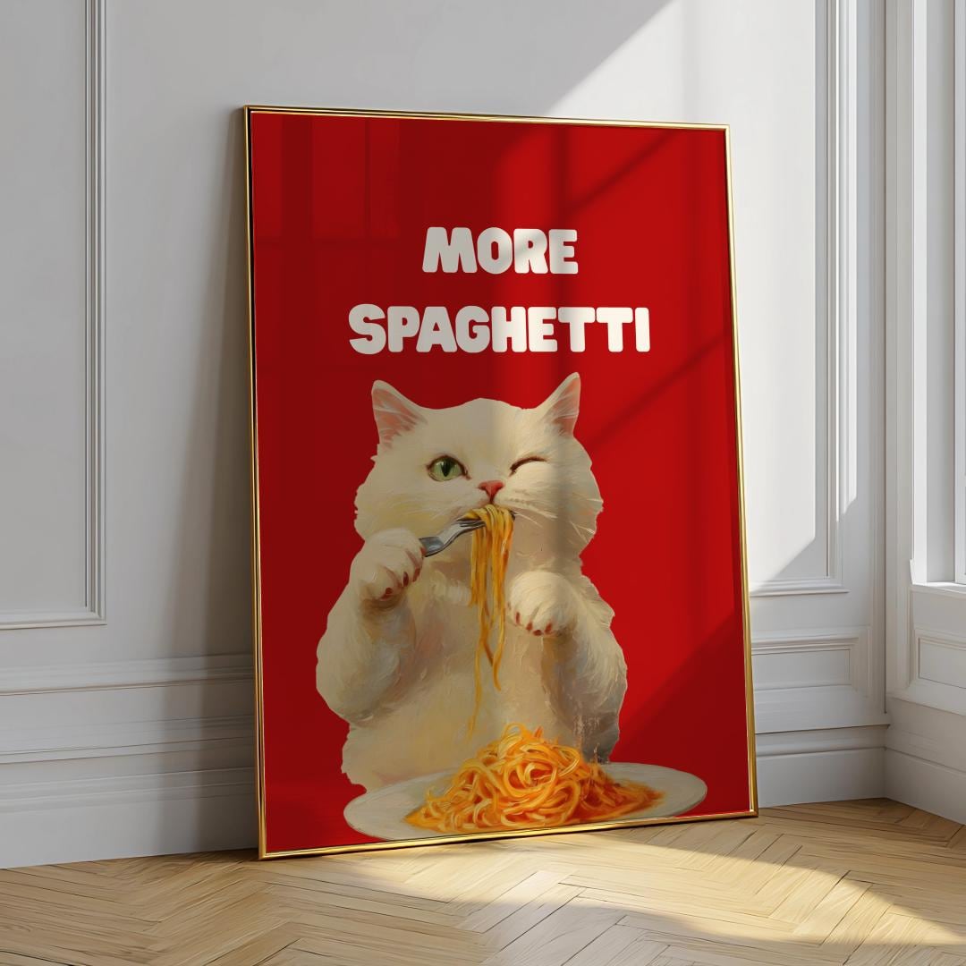 Hungry Cat Spaghetti Poster – Funny Kitchen Wall Art (Digital Download)