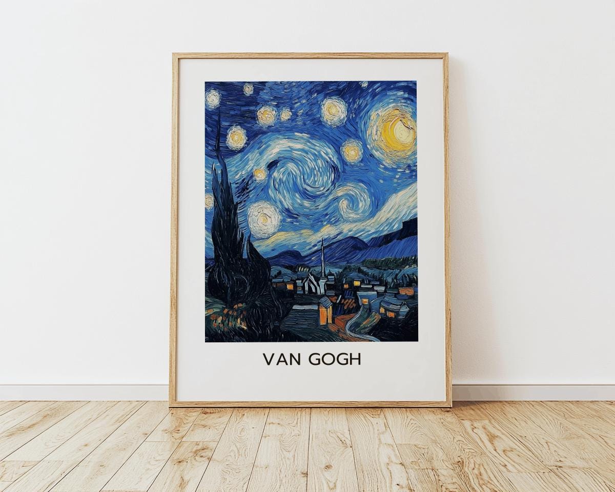 Starry Night Inspired Print – Van Gogh Style Wall Art, Blue Night Landscape (Digital Download)
