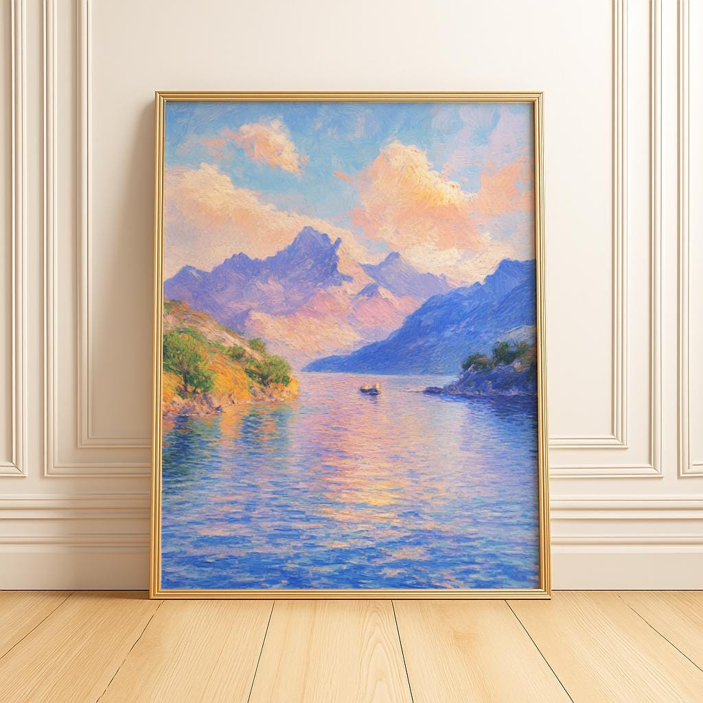 Impressionist Lake & Mountain Poster – Monet-Inspired Landscape Art | Digital Download