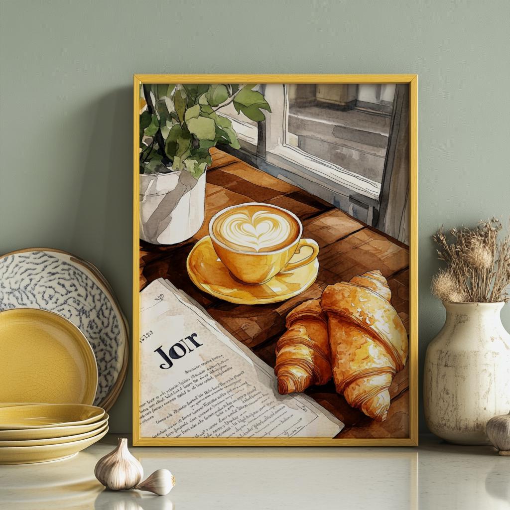 French Café Croissant Art Print – Coffee Bar Kitchen Wall Decor (Digital Download)