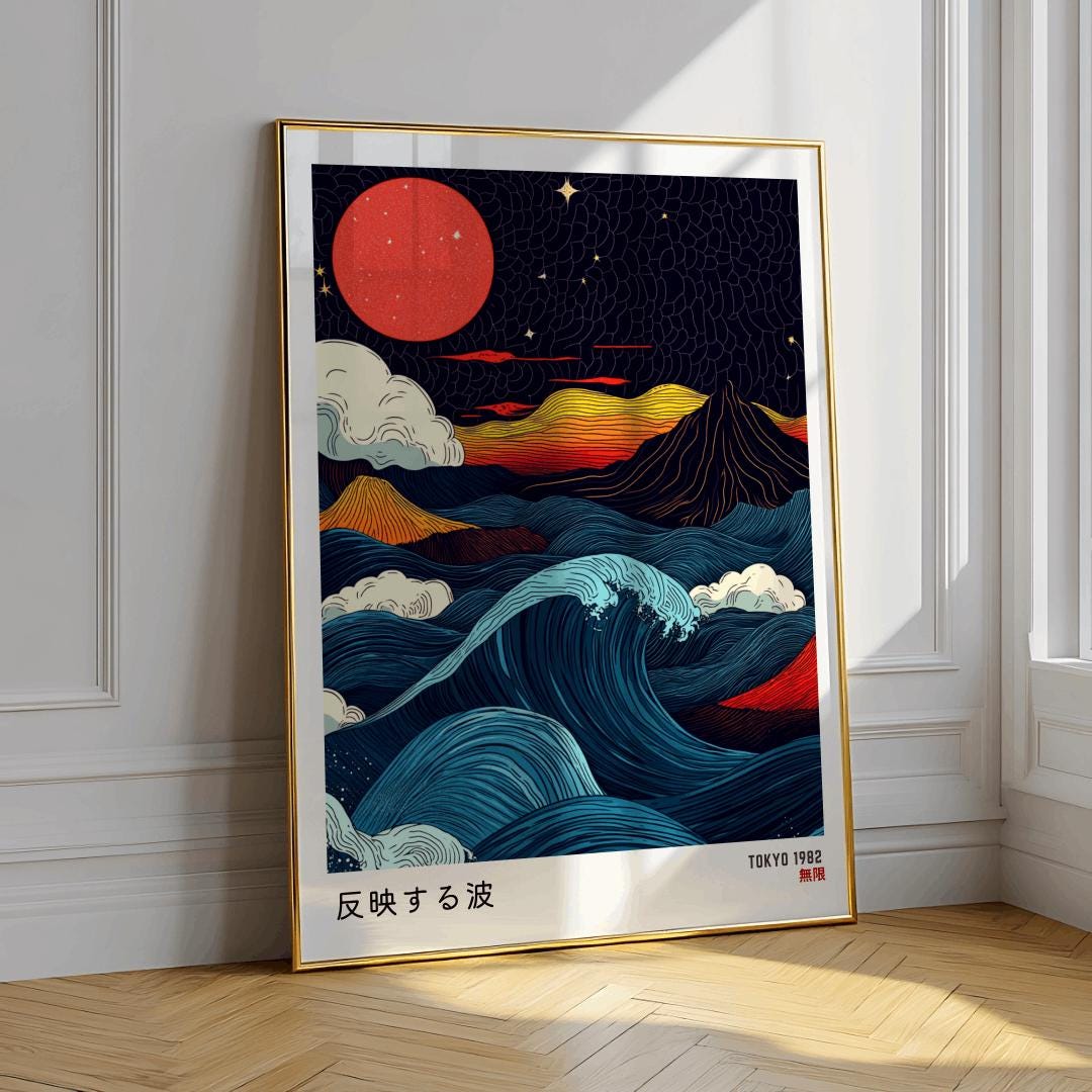 Japanese Wabi Sabi Wave Poster – Red Moon Japanese Wall Art (Digital Download)