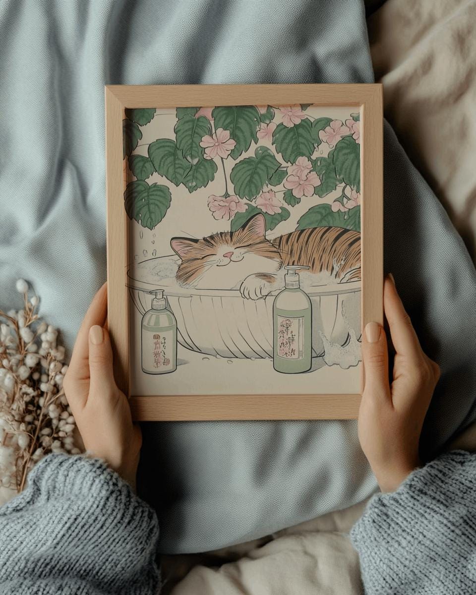 Japanese Cat Bath Poster – Cute Tabby in Bathtub Art Print | Digital Download