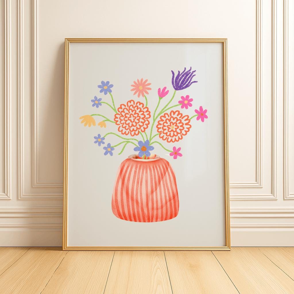 Danish Pastel Flower Vase Poster – Cute Retro Floral Art Print (Digital Download)
