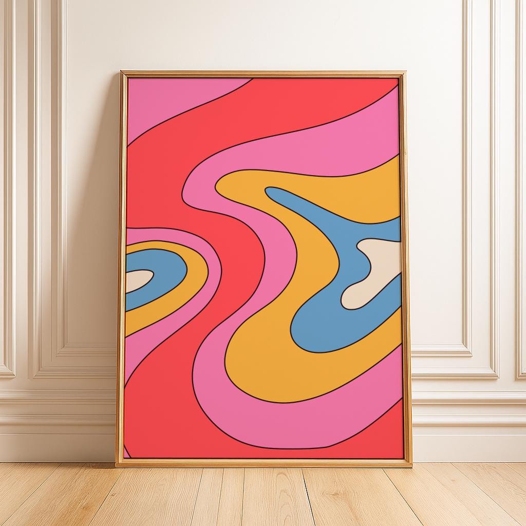 Retro Pink Wave Poster – 70s Colorful Abstract Wall Art | Digital Download
