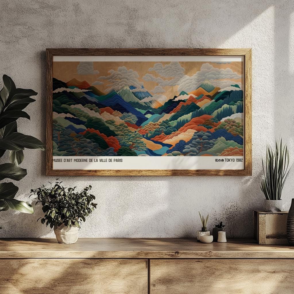 Japanese Mountainscape Art Print – Abstract Polka Dot Landscape Poster (Digital Download)